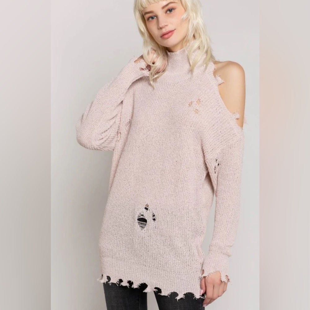 ELAN Distressed Pink Turtleneck Sweater